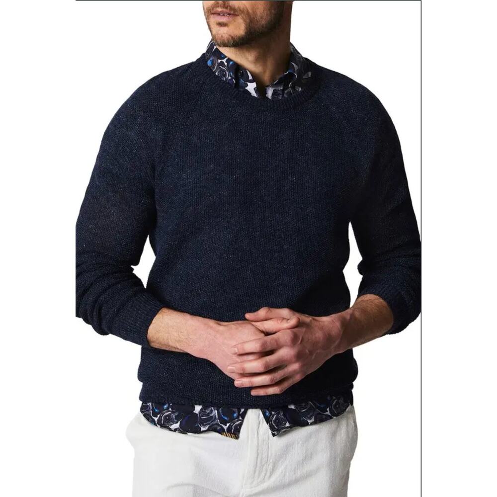 Billy Reid Seed Stitch Linen & Wool Crewneck Sweater Navy Blue
